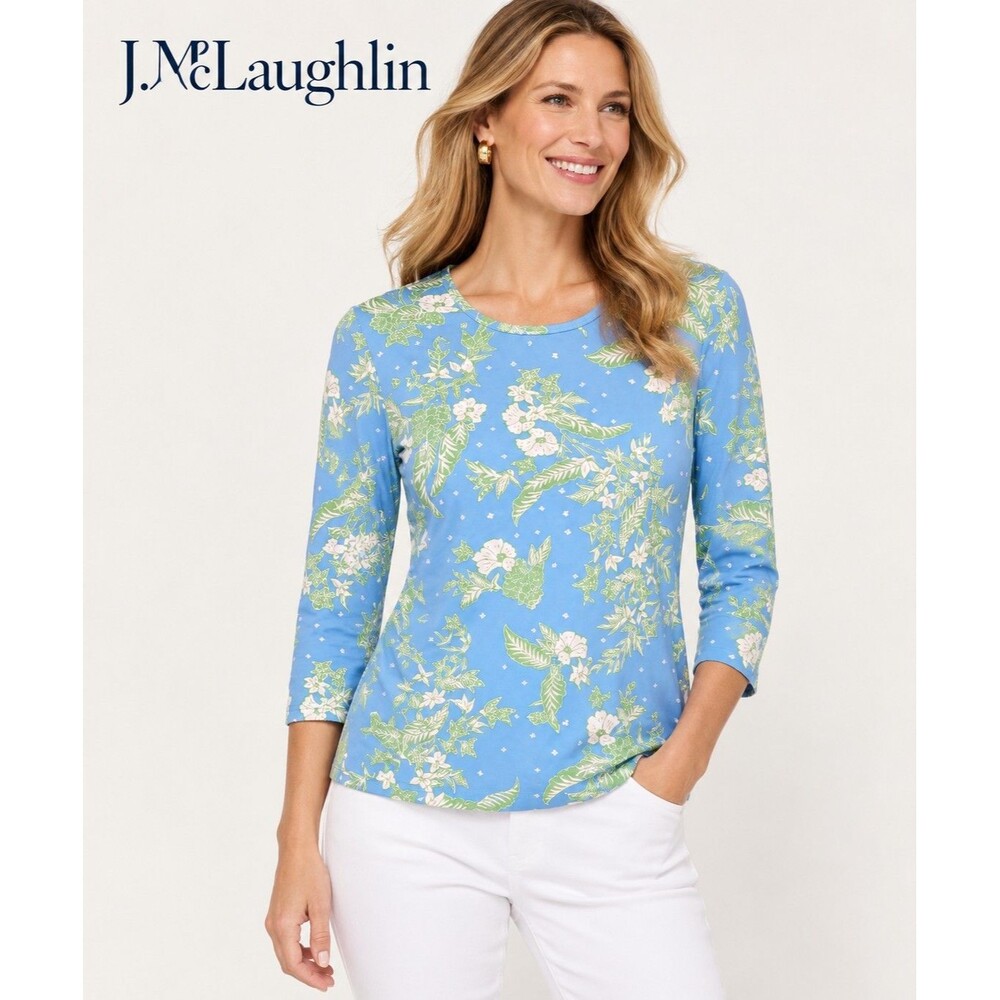 J.McLaughlin Catalina Cloth Floral Top Women’s Large Blue Green 3/4 Sleeve
